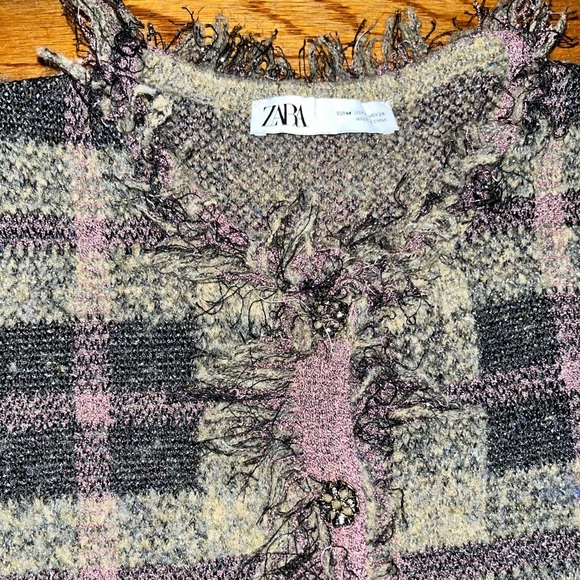 ZARA bubble sleeve tweed cropped jacket blazer purple tan fringe old money fall - Picture 4 of 11